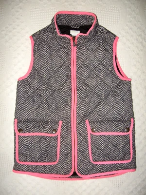 CREWCUTS PUFFER VEST SZ 12 GIRLS GRAY HERRINGBONE PATTERN PINK TRIM FULL ZIP EUC - Image 1 of 4