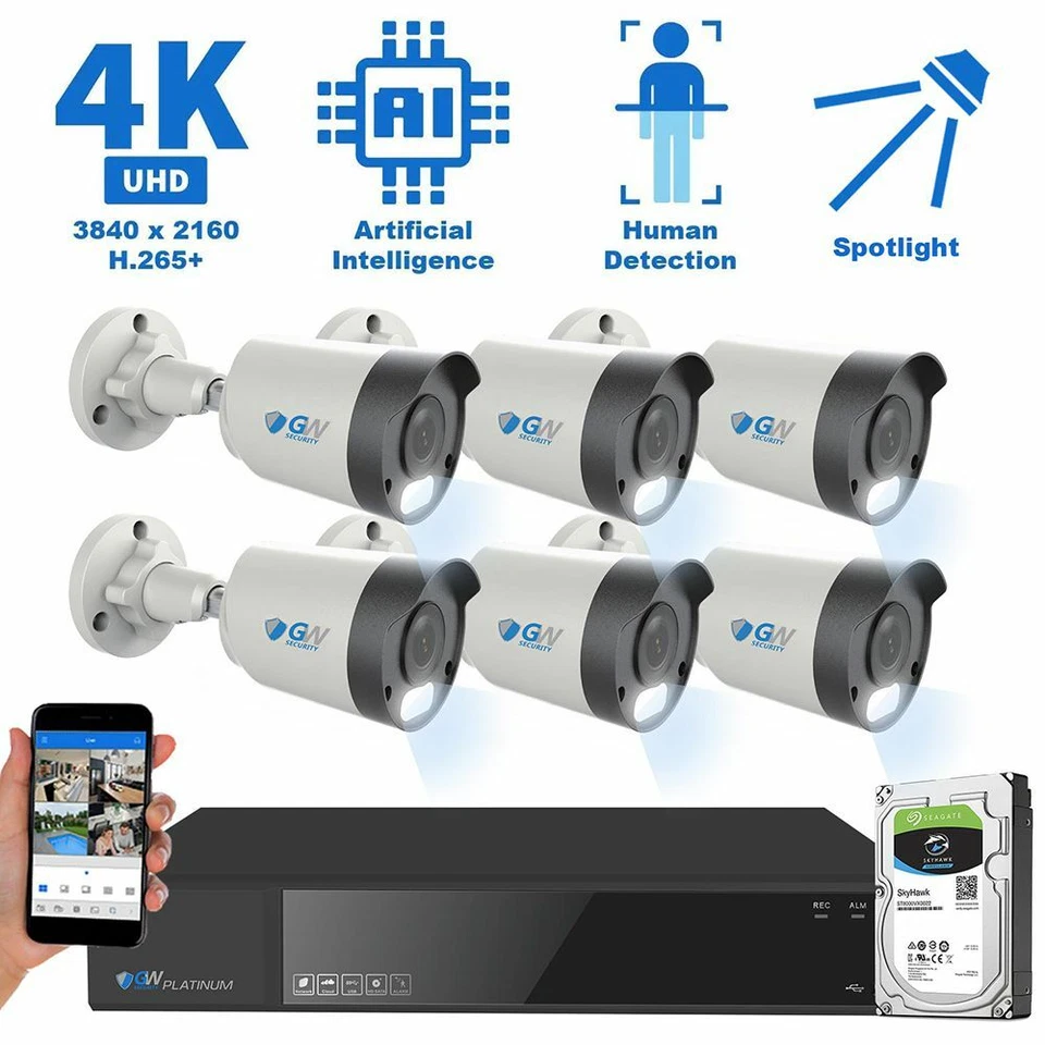 8 Channel 4K NVR 6 X 8MP PoE IP H.265+ AI Smart Starlight Security Camera System - Image 1 of 4