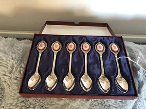 BOXED SET OF 6 SILVER PLATED AND ROSE ENAMEL TERMINAL TEA SPOONS (TS-PPP) - Picture 1 of 5