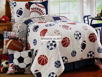 SPORTS 8PC Twin QUILT ~ BASEBALL BASKETBALL SOCCER FOOTBALL BOYS COVERLET SHEETS - Image 1 of 4