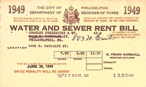 Philadelphia Water Bill Sewer Bill 1949 - Picture 1 of 3