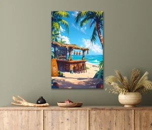 Tropical Bar on The Beach with Palm Trees 40x60cm Canvas or Metal Print Wall Art - Bild 1 von 4