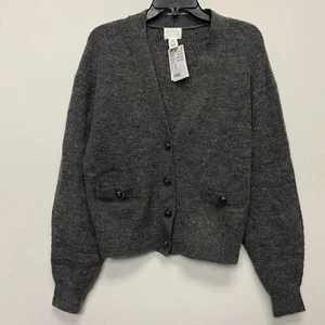 H&M Grey Wool Blend Button Up Cardigan V Neck Dark Academia Fall Spring - Picture 1 of 10