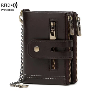 Cool RFID Blocking Men Trifold Soft Leather Wallet Business Double Zipper Purse - Image 1 of 4
