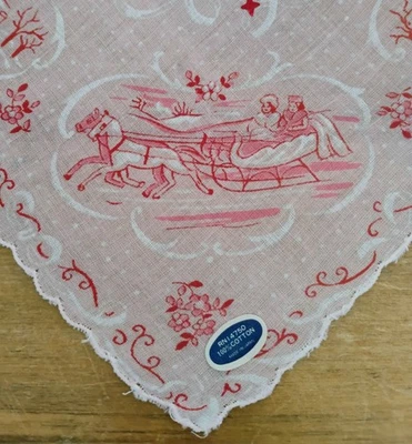 Lenço Batiste Hankie recortado vintage novidade cavalos e trenó - Imagem 1 de 4