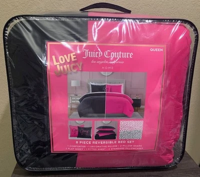 Juego de edredón reversible Juicy Couture negro/rosa intenso 8 piezas REINA con sábanas de leopardo Foto 1 de 4