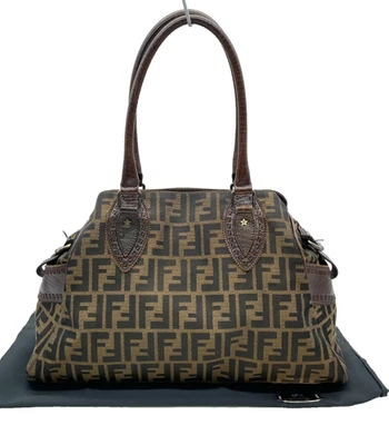 Auth Fendi Zucca Canvas x Leather Khaki Handbag W/Dustbag NS111266 - Image 1 of 4