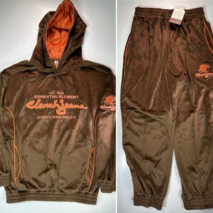 Clench Velour 2 Pc Sweatsuit Pullover Hoodie Set Brown & Orange XL Y2K Vintage - Picture 1 of 12