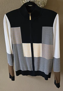 St John M Black Brown Color Block Zip Front Long Sleeve Knit Jacket, Defect - Picture 1 of 11
