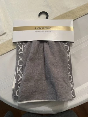 Calvin Klein Hat & Scarf 2 Piece Set Gray/White Knit NEW - Image 1 of 3