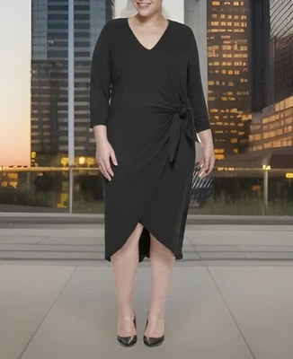 Vestido CALVIN KLEIN Jersey Alto Bajo Imitación Envoltura MIDI Talla 14W Negro Carrera Fiesta Trabajo Foto 1 de 4