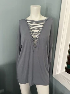 Express One Eleven Deep V Neck Lace Up Long Sleeve Shirt NWT Medium Grey - Picture 1 of 6