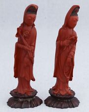 2 Antique Chinese Carved Dark Red Coral Bakelite Guan Yin Goddess Figurines 6½”