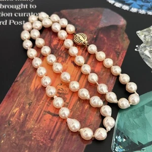 Vintage 14K Yellow Gold Genuine Pearl Round Baroque Hand Knotted Strand Necklace - Picture 1 of 11