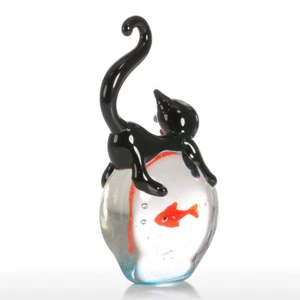 Cat and Goldfish Ornament 3D Statue Desktop Decor, Collectible Gift Black & Red - Picture 1 of 13