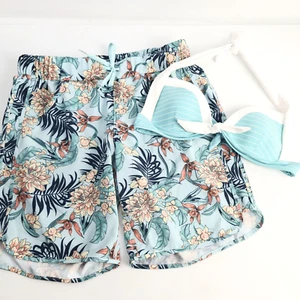 Jets Blue Bikini Halter Top & Body Glove Floral Board Shorts Swimwear Size 10/S - Picture 1 of 12