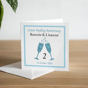 Tarjeta personalizada de segundo aniversario de boda de algodón copa de champán esposo esposa - Imagen 1 de 3