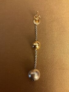 GCJ 14K Solid Yellow & White Gold Dangle Chain 2 Balls SINGLE Stud Earring 1.95g