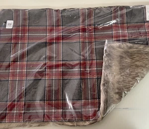 Pottery Barn Nottingham Plaid Faux Fur Pillow Cover Lumbar 16x26” Red Gray NEW - Picture 1 of 4