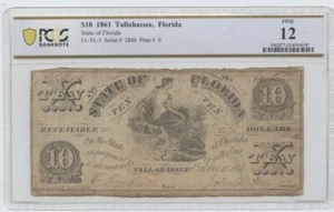 1861 $10 State of Florida, Tallahassee Obsolete PCGS F12 - Picture 1 of 2