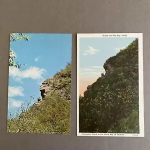 LOT 2 Leinen & Chrom Jäger und sein Hund Felsformation Vermont VT Postkarten UNP - Bild 1 von 4