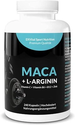 Maca 4000mg+ L-Arginin 1800mg+ Vitamine+ Zink, hochdosiert 240 Kapseln, EXVital