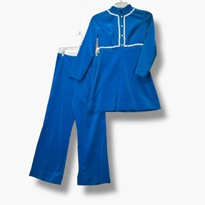 Vintage Womens S/M 60s Blue Mod Velvet Tunic Top Pant Suit Set Embellished - Picture 1 of 23