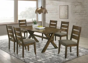 RUSTIC WOOD GREY FABRIC DINING TABLE & LADDERBACK CHAIRS FURNITURE SET - Picture 1 of 13