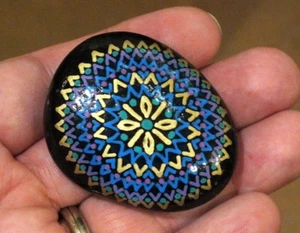 Hand Painted Alchemy Stone w. Blue, Violet, Teal and Gold Mandala Design - Picture 1 of 5