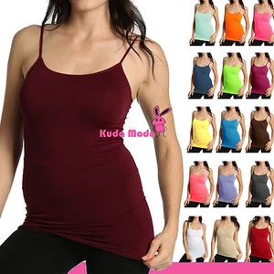 2 WAYS SCOOP & V NECK STRAP PLAIN LONG SPAGHETTI STRETCH TANK TOP CAMI SHIRT - Picture 1 of 31