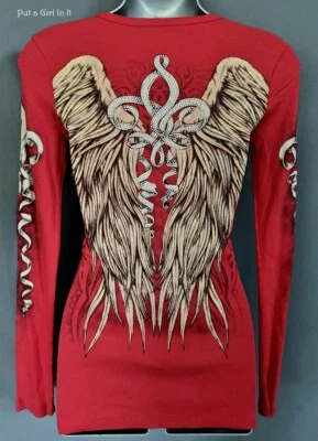 New VOCAL Womens CRYSTAL BRIGHT RED FLEUR DE LIS ANGEL WINGS SHIRT S Small USA - Image 1 of 4