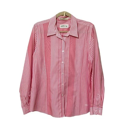 Blusa Camisa Top Orvis Para Mujer Sin Arrugas Abotonada 14 Blanco Rosa Rayas Algodón Foto 1 de 4