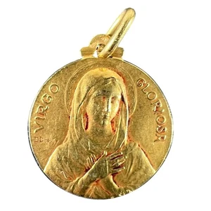 French Dropsy Virgo Gloriosa 18K Yellow Gold Virgin Mary Medal Pendant - Picture 1 of 14