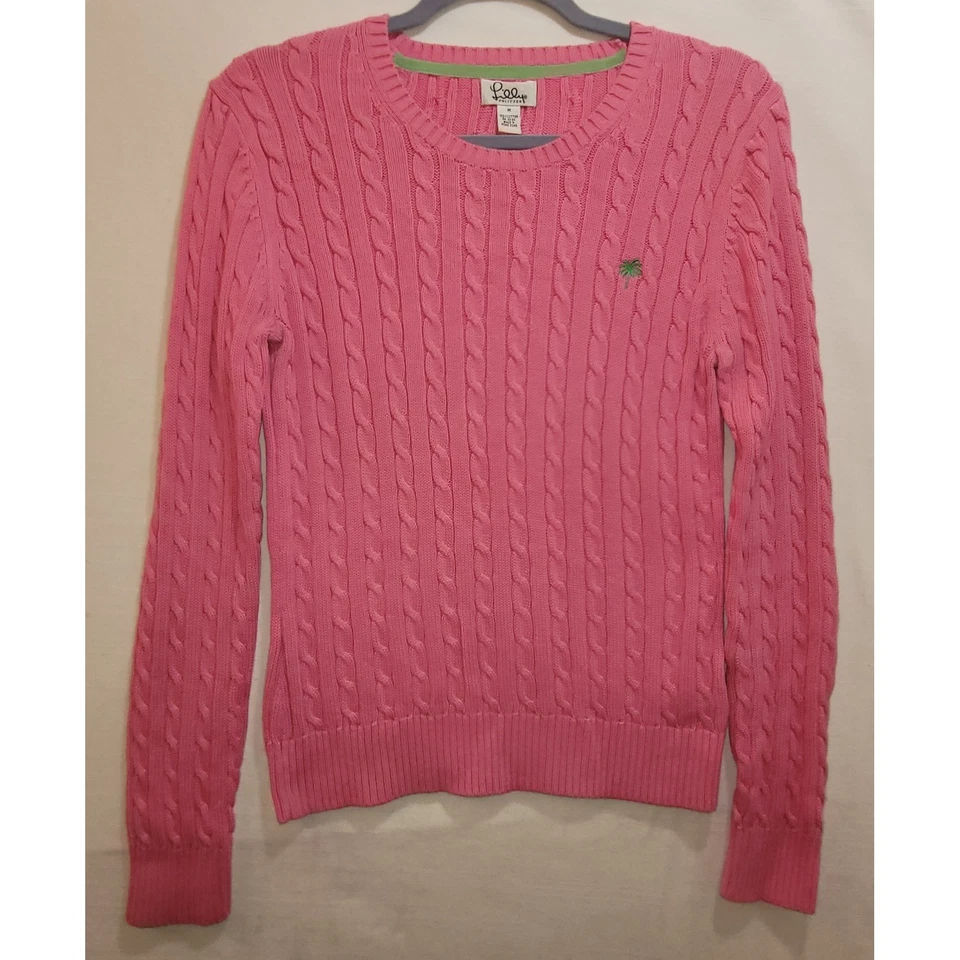 Suéter tejido con cable rosa Lilly Pulitzer mediano logotipo de palmera algodón cuello redondo Foto 1 de 4