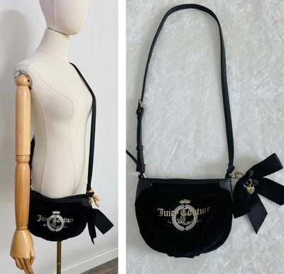 Vintage Juicy Couture Black Velour Crossbody Bag Purse Bow Charm Logo Rare Y2K - Image 1 of 4