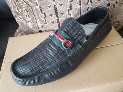 GUCCI Mocasines Bandera Plateado Metal Mocasín Cuero Negro Hombres 10 UK/10.5 - 11 US Foto 1 de 4
