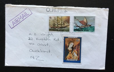 Cubierta de correo aéreo usada postal Penrhyn 1981 tarifa 40c OHMS (P93) Foto 1 de 2