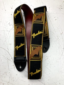 USED VTG Fender monogrammed guitar strap (Black/Yell/Brown) w. red back - Picture 1 of 6