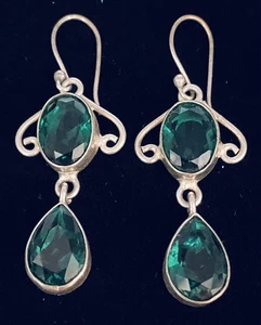Vintage Sterling Silver Large Green Tourmaline Drop Earrings - Picture 1 of 4