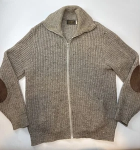 Cardigan maglione lana vintage Eddie Bauer marrone toppe gomito zip intera XL alto - Foto 1 di 9