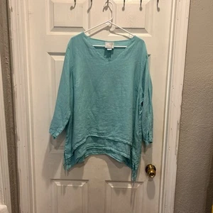 La Fixsun Oversized Tunic Top 100% Linen Teal Blue V-neck Lagenlook Large USA - Picture 1 of 6
