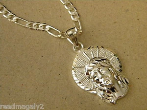 Men's Lady's Christ Head w Halo Charm & 20in Long Figaro Chain Set Silver Plated - Picture 1 of 5