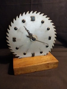 7" Saw Blade Desk/Shop Clock on Wooden Pedestal - Runs Great & Looks Fabulous!! - Picture 1 of 17