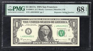 FR. 3005-L 2017-A $1 FRN “REPEATER S/N L49524952C” PMG GEM UNCIRCULATED-68EPQ - Picture 1 of 2