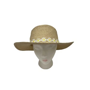 Womens Beach Straw Beige Daisy Flower Trim Wide Brim Floppy Sun Hat - Picture 1 of 10