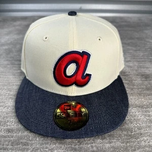 Atlanta Braves Hat Cap Mens Fitted 7 1/4 New Era Denim Visor 2 Tone Cooperstown - Picture 1 of 5