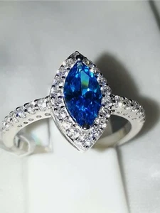 925 STERLING SILVER RHODIUM PLATED LAB CREATED BLUE WHITE MARQUISE RING - Picture 1 of 8