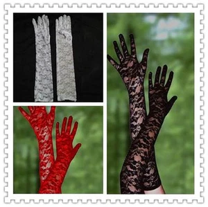 Ladies White Black Red Long Stretchy Lace Wedding Party Evening Prom Gloves - Picture 1 of 1