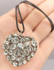 Heart Pendant Glass Rhinestones Silver-tone New Waxed Leather 50cm Cord Necklace - Picture 1 of 14