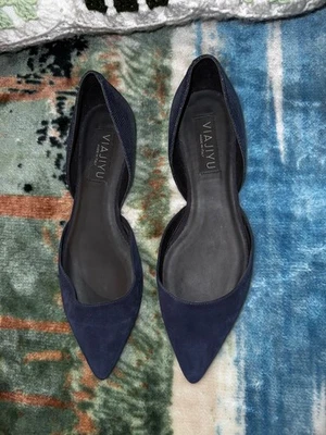 Viajiyu Azul Marino Gamuza Cuero Puntiagudo Planos Talla EU 38.5 Hecho en Italia Nuevo sin Etiquetas Foto 1 de 4